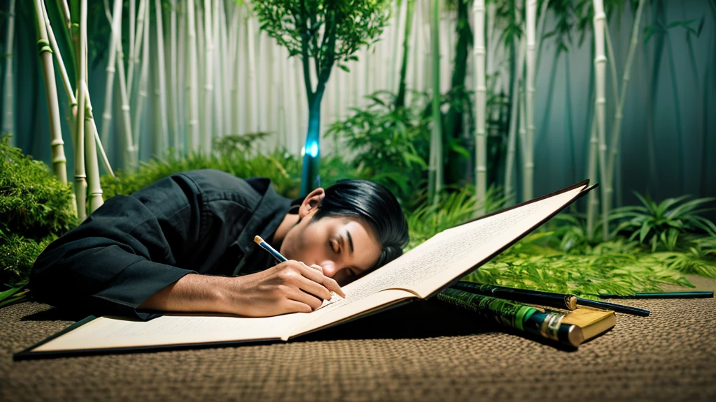Hyper-maximalism, 4K, enhanced detailed matte painting; Close-up view of Miyamoto Musashi as he sits cross-legged on a tatami mat, intently focused on writing Japanese calligraphy with a brush amidst a beautiful serene garden. A little shrike solemnly perched on a barren branch and bamboo plants with thoughtfully placed lighting seen in the background. The ethereal, imaginative, and deeply detailed style reminiscent of late 19th-century surrealism, primary medium, alcohol inks.; Digital art, sharp focus, depth of field, Unreal Engine 5