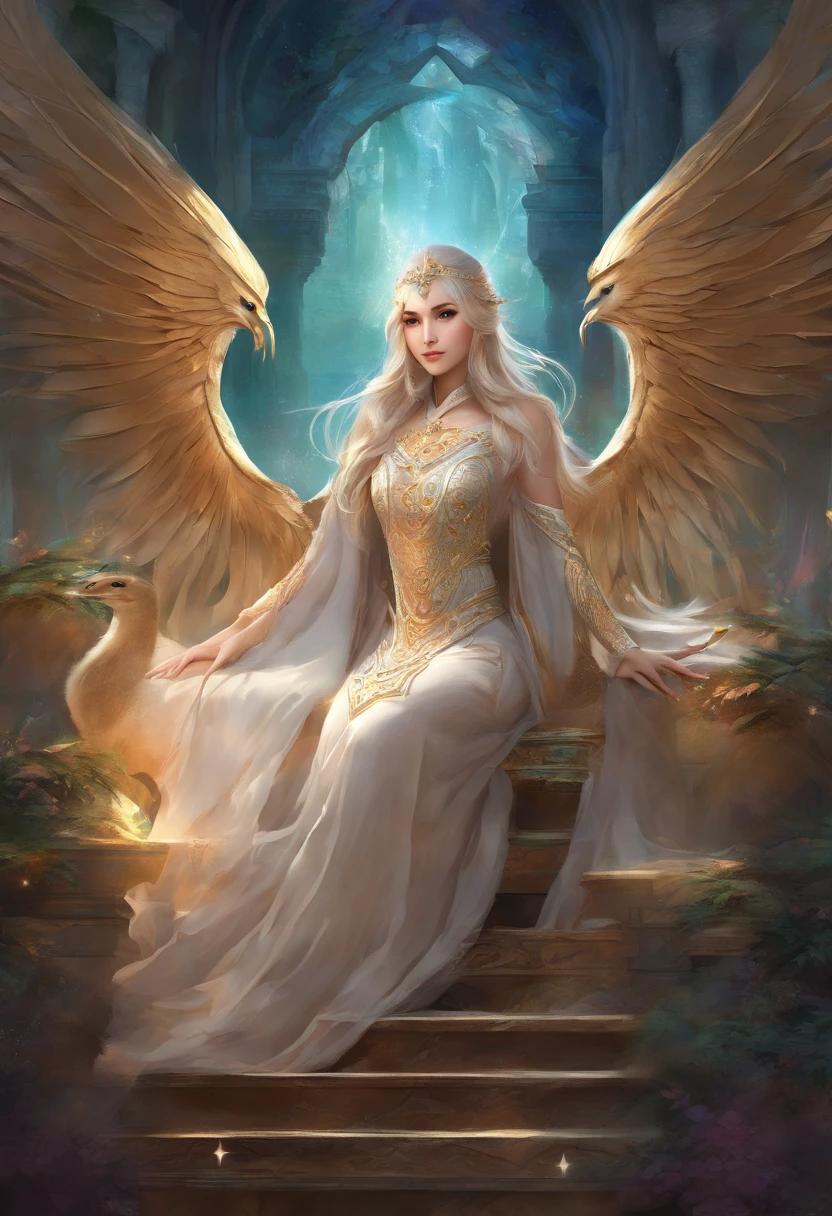best quality,masterpiece,Ultra-high resolution,(photoactual:1.4),beautiful_Face,Oriental adult female 25 years old,bright eyes,Long silver hair above the waist,Wearing ancient fairy costume(Bright 1:0),in ancient architecture,Sit sideways on a luxurious bench(Phoenix carving),