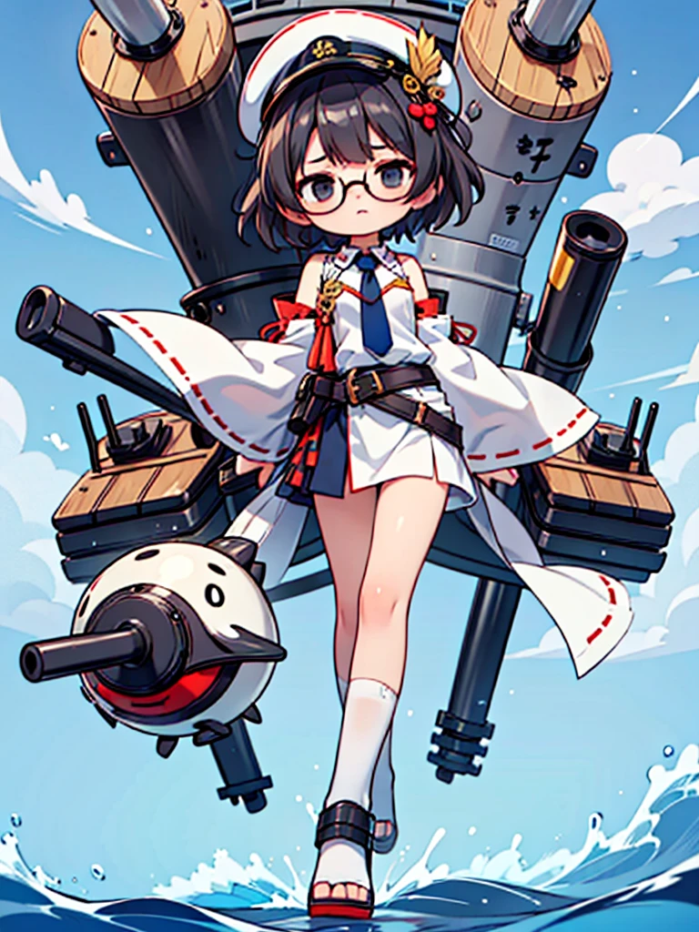 ((((Full body of a woman with perfect flat chest、solo、Short unkempt black hair、Tie your messy hair at the nape of your neck、white military jacket、Miko costume、tights、Black glasses、White military cap、Cloudy black eyes、Sleepy expression、Falcon Hair Accessories、Eagle hair accessory)))), (((masterpiece))), (((Shipgirl))), ((Floating on the morning sea with both feet)), (Spread your legs wide open), (Hold the turret with your right hand), (Mechanical arms extending from the waist are used to equip the ship with battleship equipment.), (Equipped with a turret on the back), (Holds the turret with his left arm), Shotgun shells are attached to the thigh with a belt, Spreading the Machine's Wings, Machine tail, shotgun,