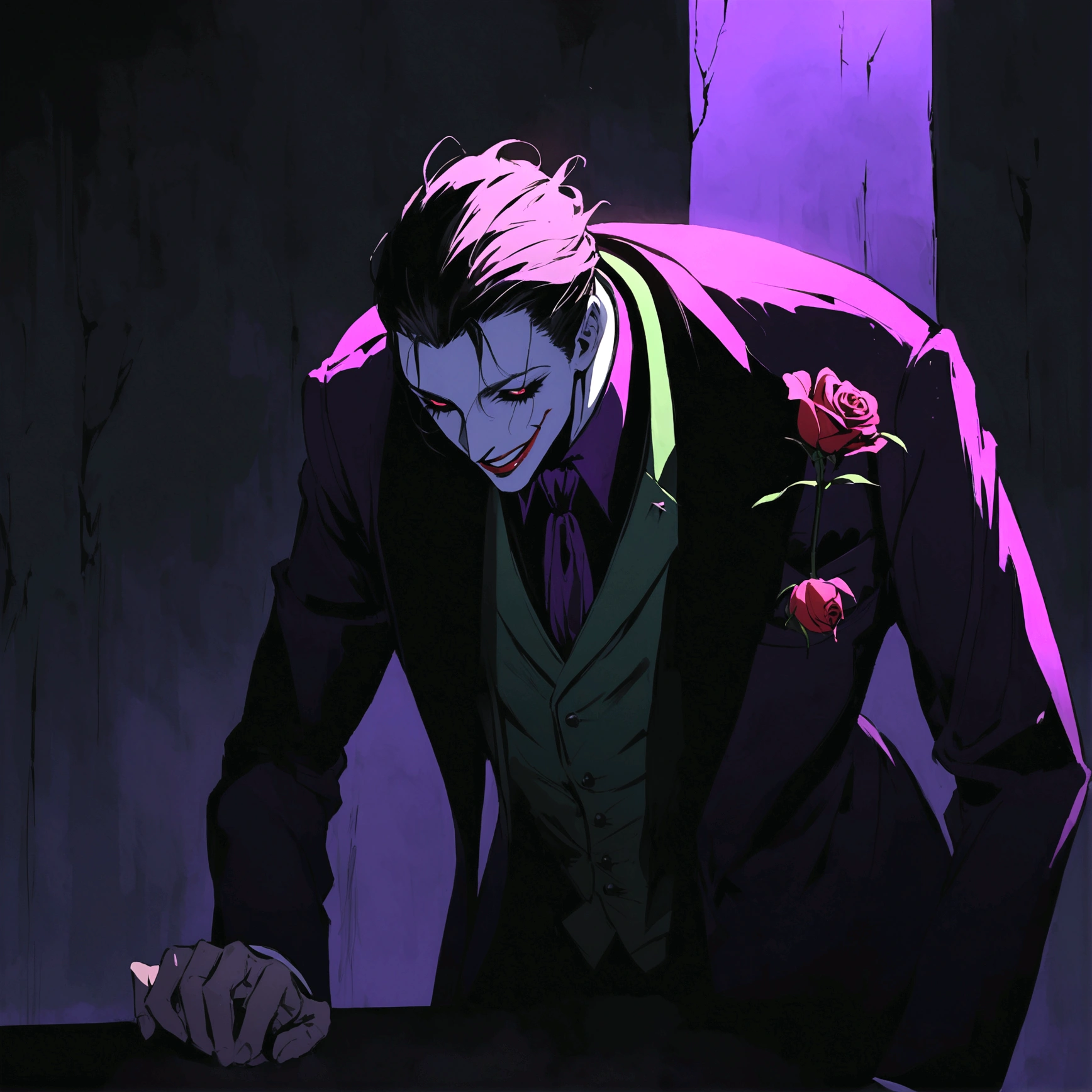 Illustration of the Joker bowing like a nobleman to say goodbye. He has a sharp gaze and a sly smile, with a single red rose held between his teeth. He is dressed in his iconic purple suit with a green vest and a flower on his lapel. The background is dark with dim, moody lighting that casts dramatic shadows, adding to the mysterious and ominous atmosphere. The setting should have a gothic, theatrical feel, enhancing the dramatic nature of the scene.
