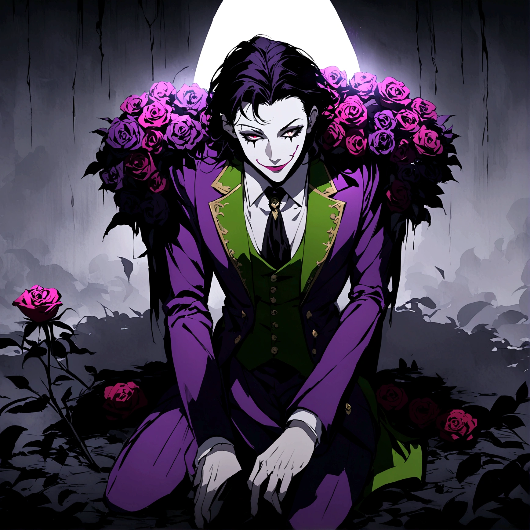 Illustration of the Joker bowing like a nobleman to say goodbye. He has a sharp gaze and a sly smile, with a single red rose held between his teeth. He is dressed in his iconic purple suit with a green vest and a flower on his lapel. The background is dark with dim, moody lighting that casts dramatic shadows, adding to the mysterious and ominous atmosphere. The setting should have a gothic, theatrical feel, enhancing the dramatic nature of the scene.