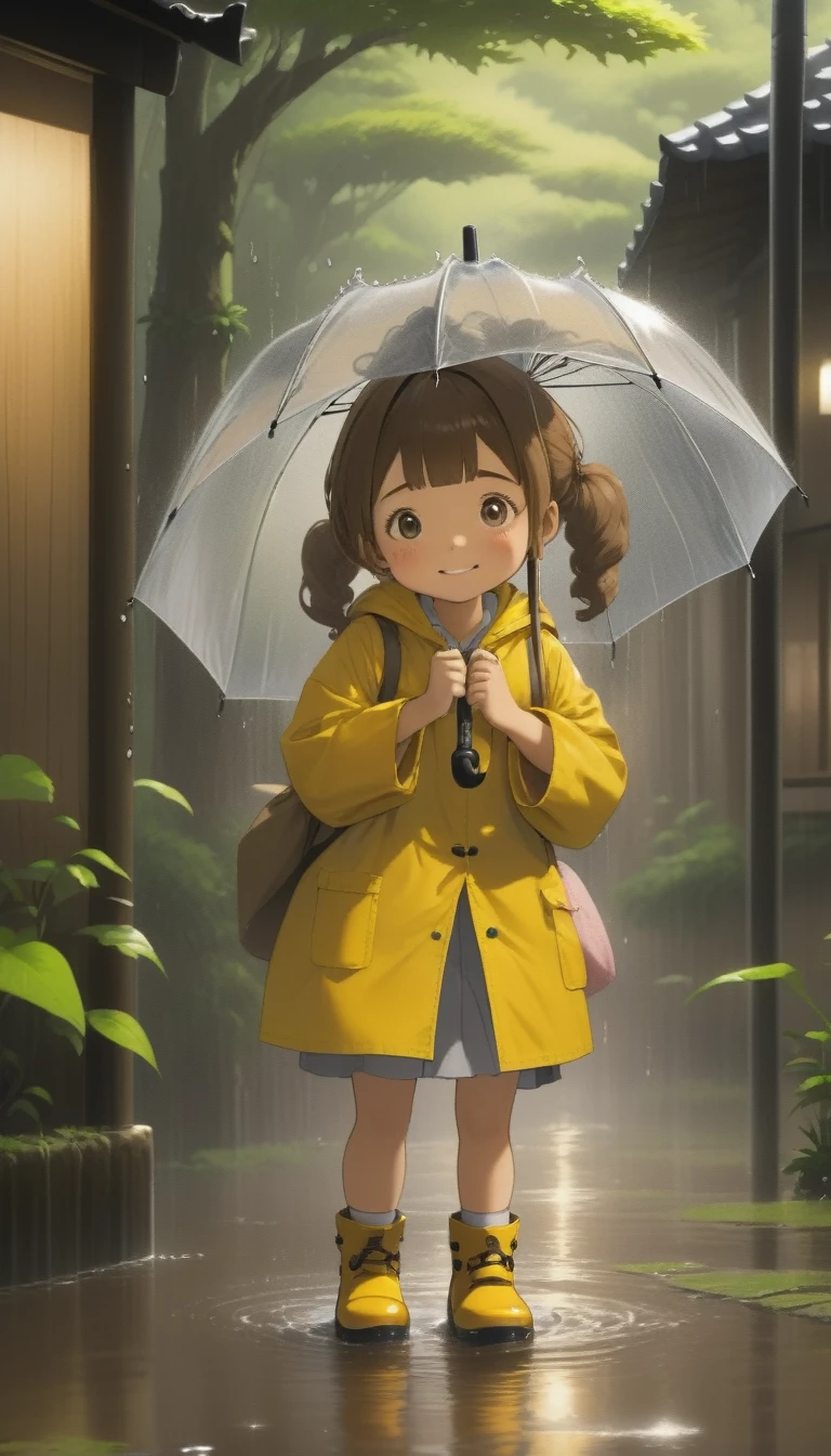 quality\(8K,非常に精細なCGユニットのwallpaper, masterpiece,High resolution,top-quality,top-quality real texture skin,Surreal,Increase the resolution,RAW Photos,最高quality,Very detailed,wallpaper\),BREAK、Respect for My Neighbor Totoro、One Girl、5talent、Little Girl、Innocent and cute face、smile、Brown Hair、Pigtails、Wet day、Yellow Raincoat、Put on the hood of your raincoat、Yellow Boots、Wet girl playing with an umbrella、get exited、長靴でpuddleの水をスパークさせている、Old shrine、Large camphor tree、Old Japanese bus stop、puddle、Splish splash, splash, splash, splash、