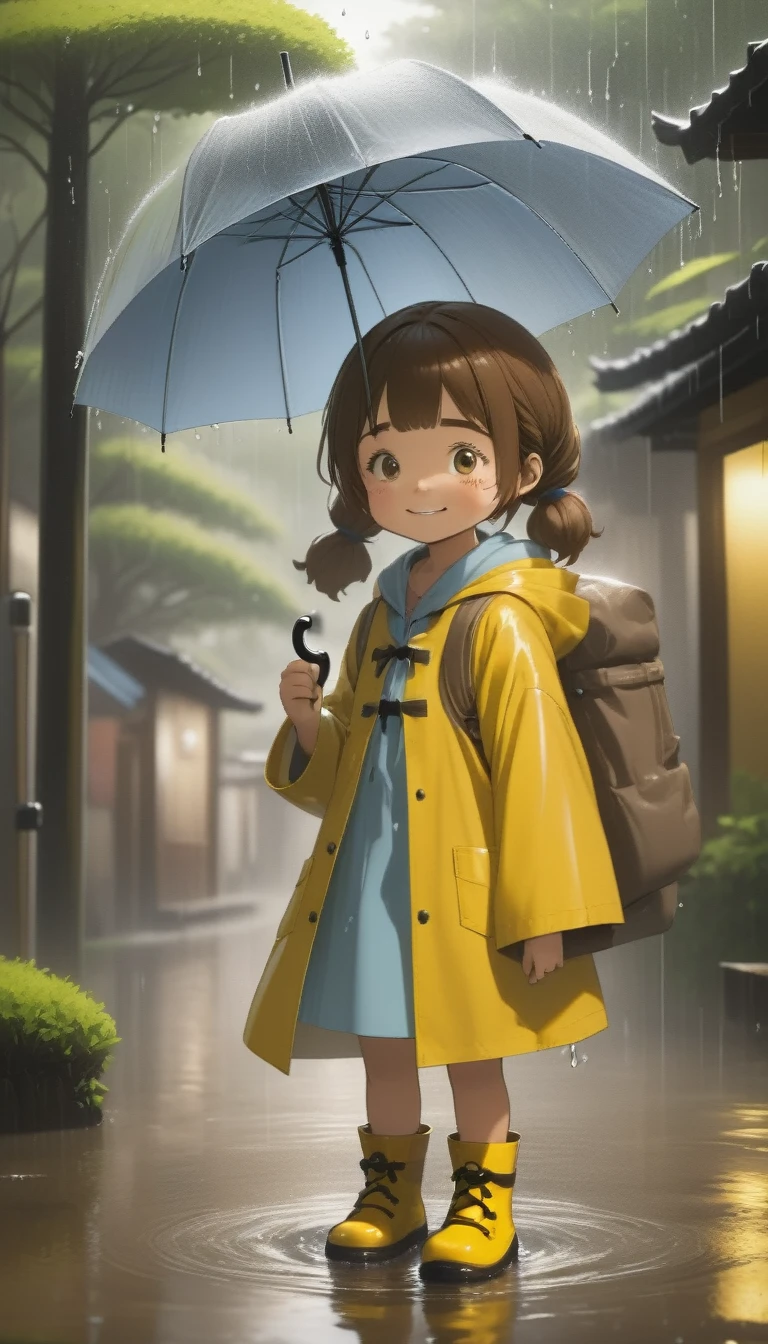 quality\(8K,非常に精細なCGユニットのwallpaper, masterpiece,High resolution,top-quality,top-quality real texture skin,Surreal,Increase the resolution,RAW Photos,最高quality,Very detailed,wallpaper\),BREAK、Respect for My Neighbor Totoro、One Girl、5talent、Little Girl、Innocent and cute face、smile、Brown Hair、Pigtails、Wet day、Yellow Raincoat、Put on the hood of your raincoat、Yellow Boots、Wet girl playing with an umbrella、get exited、長靴でpuddleの水をスパークさせている、Old shrine、Large camphor tree、Old Japanese bus stop、puddle、Splish splash, splash, splash, splash、