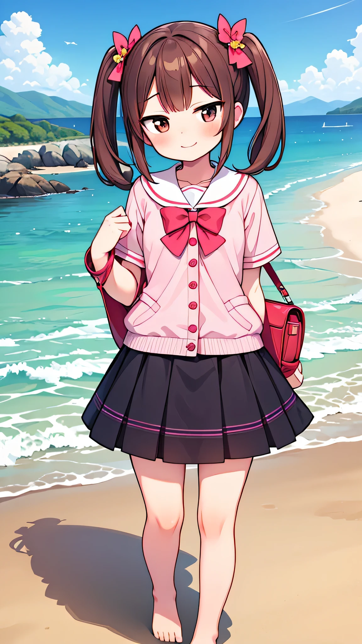 {Highest quality], [Super beautiful], [Ultra fine], [Best illustration], NSFW,Brown Hair, Hime cut,Bangs,girl,,uniform,knit cardigan,Short sleeve,skirt,smile, blush, Slender women,Standing posture,At the Beach,Summer festival,diagonal, barefoot