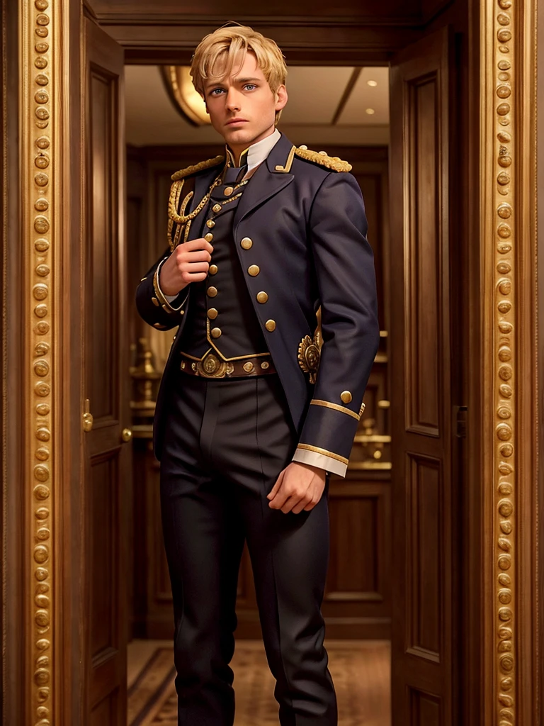 Bradley James handsome Victorian captain. The captain is 55 years old, muscular, blond, dressed in a ceremonial uniform, tight-fitting to his body and showing his muscles, buttoned up with all the buttons. His dreamy gaze is directed into the distance. The fly in the trousers is unbuttoned. Big and thick dick.