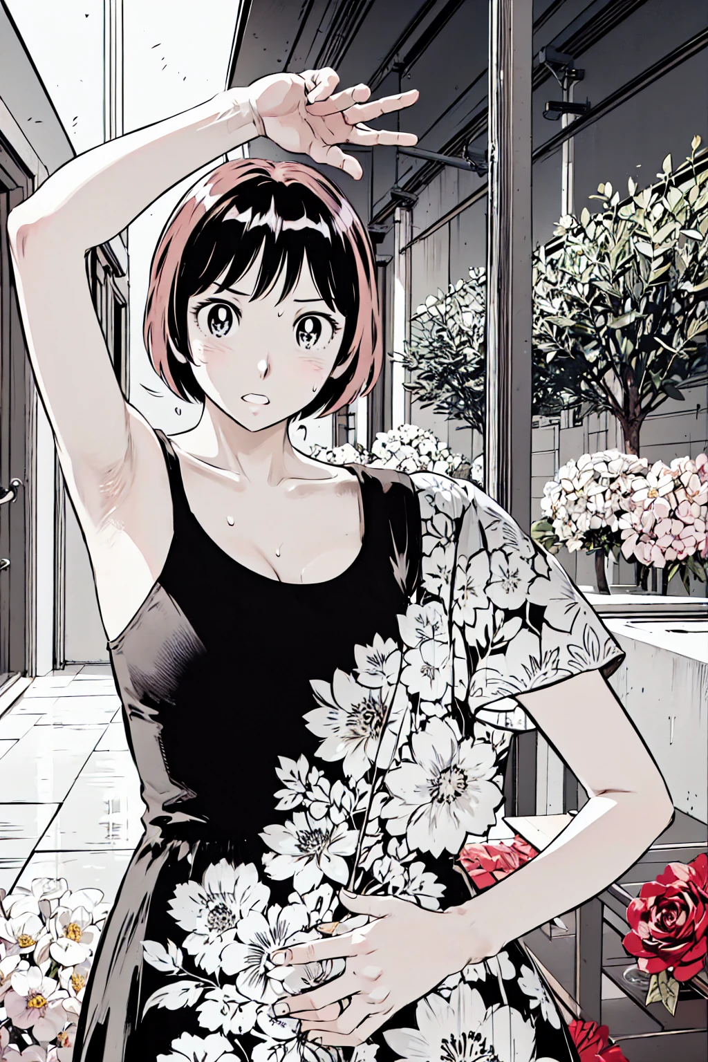 、(masterpiece、Highest quality)、Highest quality, Ultra-high resolution, (((masterpiece))), alone, Sweat、Big eyes, Please show me your armpits, No sleeve、Outdoor、Floral dress、Cleavage、Composition from the front、(Cut the back hair short、short hair、blonde、woman)、Shortcuts、Embarrassed face、Cut your hair short、可愛いwomanの子、Big Breasts