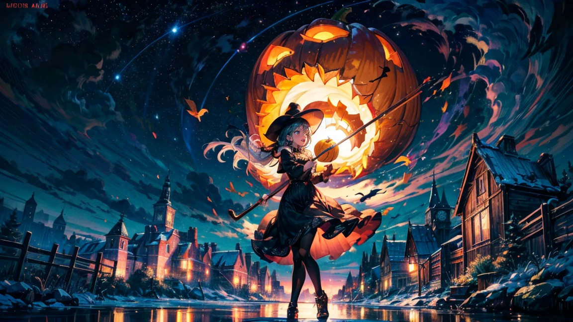 Generate a high-definition image of a witch riding a broomstick. The background is a windy night sky, and the witch is holding a Jack-o'-lantern. The witch is dressed in a black dress and a pointed hat, with her hair flowing in the wind. The witch should be playing a violin. The witch should be anatomically accurate and detailed. The overall atmosphere should be fantastical and magical.