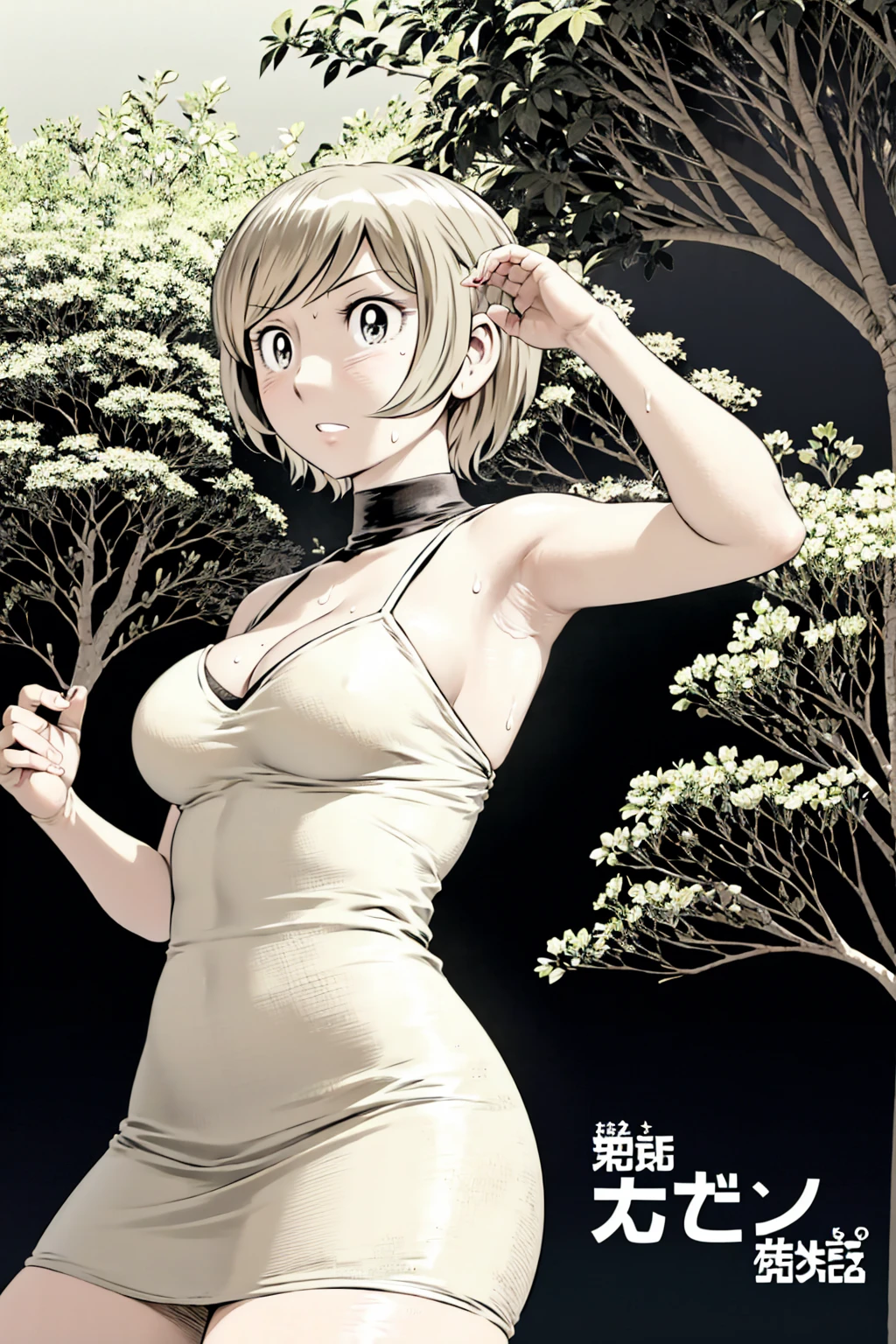 、(masterpiece、Highest quality)、Highest quality, Ultra-high resolution, (((masterpiece))), alone, Sweat、Big eyes, Please show me your armpits, No sleeve、Outdoor、Floral dress、Cleavage、Composition from the front、(Cut the back hair short、short hair、blonde、woman)、Shortcuts、Embarrassed face、Cut your hair short、可愛いwomanの子、Big Breasts