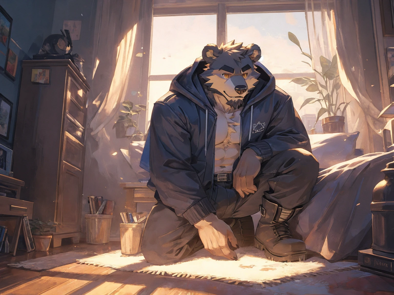(masterpiece:1.2), best quality,pixiv,official art,perfect anatomy, (Ray tracing, light),solo, (1_male:1.3) , (muscle), (grey fur:1.4), (muscle bear), (beard:1.2), (gleaming golden eyes), bear tail, Thick black eyebrows, (open hooded parka) , (naked inside:1.2), cargo pants, (boots:1.2), (in the highfloor apartment: 1.3), indoor , fur carpet , cushion , rest on floor