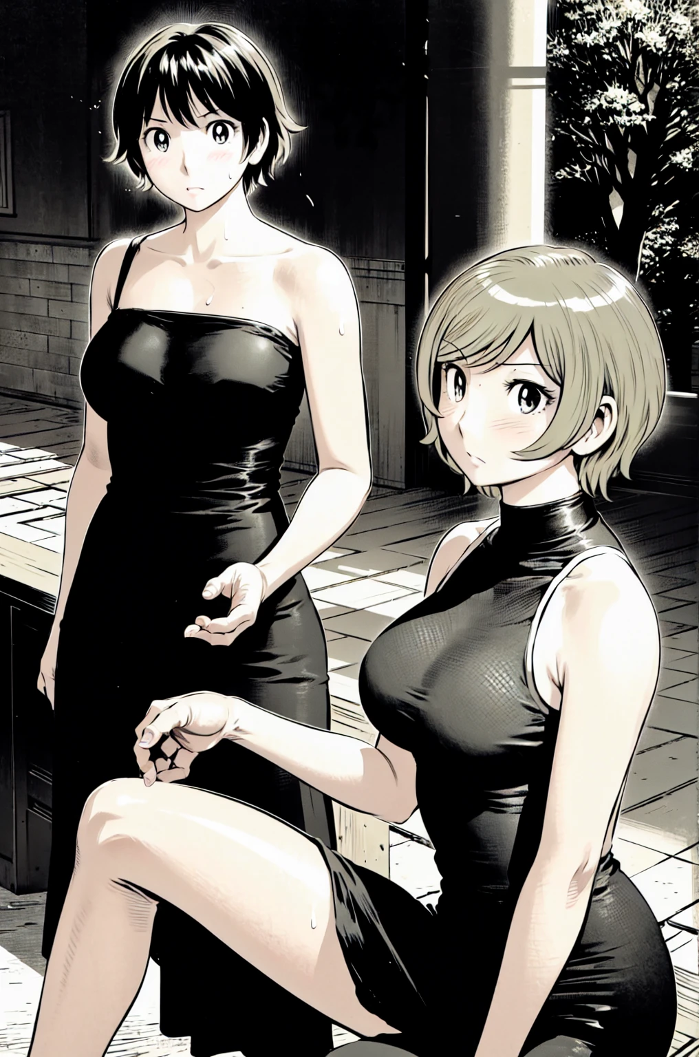 、(masterpiece、Highest quality)、Highest quality, Ultra-high resolution, (((masterpiece))), alone, Sweat、Big eyes, Sleeveless、Outdoor、Floral Dress、Composition from the front、(後ろCut your hair short、short hair、blonde、woman)、Shortcuts、Embarrassed face、Cut your hair short、可愛いwomanの子、Big Breasts、Browsing Caution