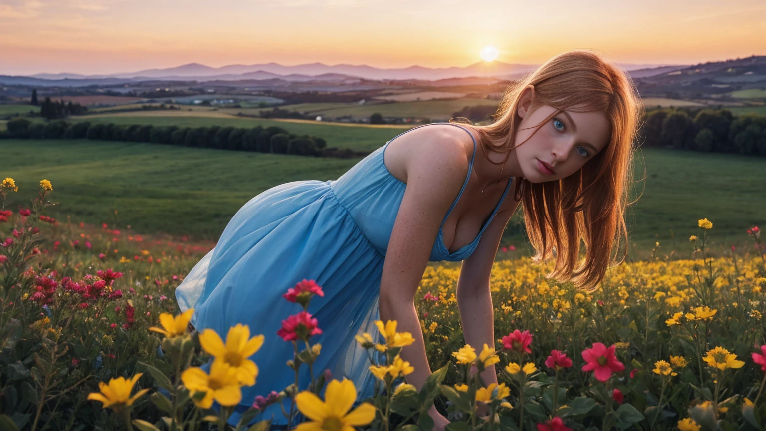 a European girl with her head down looking down, blueeyes, short pink semi-transparent sundress, skinny, showing cleavage, ginger hair, freckled face, standing in a colourful flower field(Blue, Red, Yellow flowers), a Italian mansion in the distance, sunset, windy, high quality photo, photo realistic, extremely detailed, highly detailed face, ultra HD, dark realistic film shader