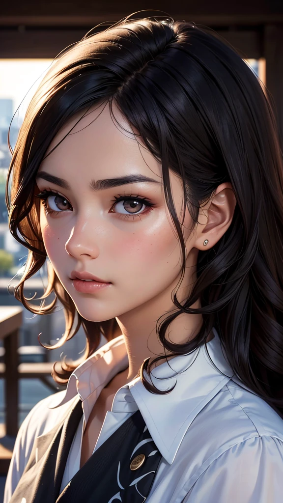 japanese,beautiful browneyes, beautiful lips,(furrowed brow) , longeyelashes,((slender)),black hair,((curly hair )),looking away,displeased, office lady, (professional business attire), office setting, desk, computer,, (highres,masterpiece:1),detailed,(realistic,photorealistic,photo-realistic:1),HDR,UHD,studio lighting,ultra-fine painting,sharp focus,physically-based rendering,extreme detail description,professional,vivid colors,bokeh,intricate details,highly realistic,photorealistic portrait
