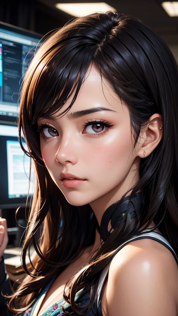 japanese,beautiful browneyes, beautiful lips,(furrowed brow) , longeyelashes,((slender)),black hair,((curly hair )),looking away,displeased, office lady, (professional business attire), office setting, desk, computer,, (highres,masterpiece:1),detailed,(realistic,photorealistic,photo-realistic:1),HDR,UHD,studio lighting,ultra-fine painting,sharp focus,physically-based rendering,extreme detail description,professional,vivid colors,bokeh,intricate details,highly realistic,photorealistic portrait