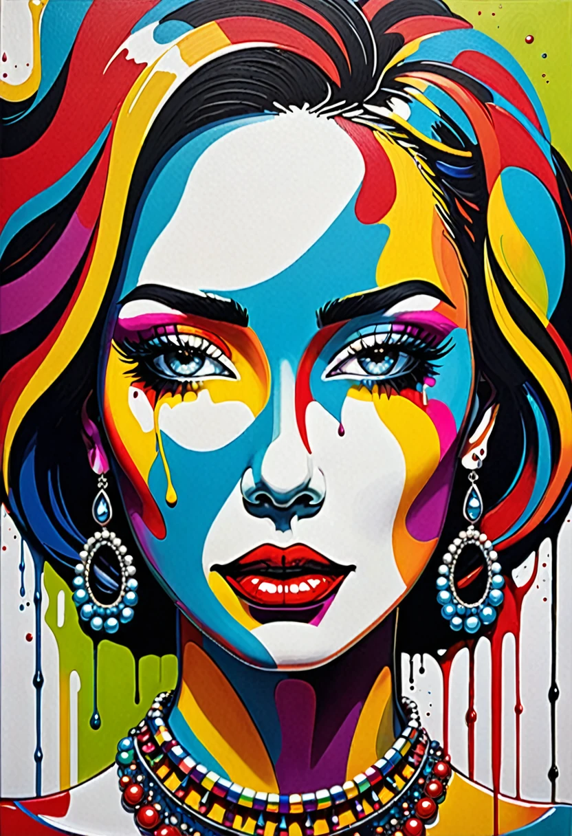 a painting of a woman with a colorful face and a necklace, pop art painting, a pop art painting, toyism, dripping with color, acrylic on canvas, acrylic paint on canvas, colorful art, acrylic and spraypaint, colorfull painting, avant garde pop art, abstract portrait, abstract face, painting by android jones, pop art masterpiece, pop and vibrant colors