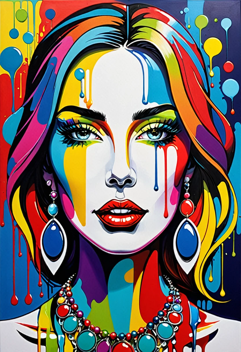 a painting of a woman with a colorful face and a necklace, pop art painting, a pop art painting, toyism, dripping with color, acrylic on canvas, acrylic paint on canvas, colorful art, acrylic and spraypaint, colorfull painting, avant garde pop art, abstract portrait, abstract face, painting by android jones, pop art masterpiece, pop and vibrant colors
