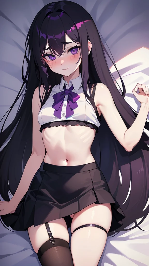 age girl ((White skin)) ((purple eyes)) ((long hair, emo on one eye)) ((black hair)) ((Shy and blushing)) ((small breasts)) ((small hips)) ((lying in bed with the shirt slightly raised showing the abdomen)) ((slightly revealing skirt showing thighs)) ((expression of lust and excitement))