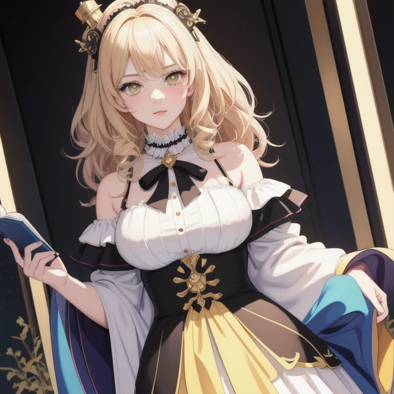 (masterpiece), (best illustration),,,(extremely detailed CG unity 8k wallpaper),(masterpiece), (best quality), (vaporwave style), (ultra-detailed), (best illustration),(best shadow),perfect lighting , perfect anatomy , vivid colors,(masterpiece), best quality, expressive eyes, perfect face, school girl, shy, holding books, glasses
Face: A beautiful heart shape face with gentle features.
Hair: Long, straight and black
Eyes: Light yellow eyes
Height: 160cm
Weight: 55 KG
Bust: 44 inch
Waist: 30 inch
Hips: 40 inch, dress, hair ornament, blush, breasts, 1girl