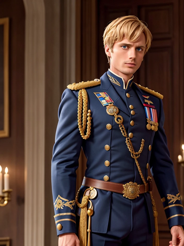 Bradley James handsome Victorian captain. The captain is 55 years old, muscular, blond, dressed in a ceremonial uniform, tight-fitting to his body and showing his muscles, buttoned up with all the buttons. His dreamy gaze is directed into the distance. The fly in the trousers is unbuttoned. Big and thick dick.