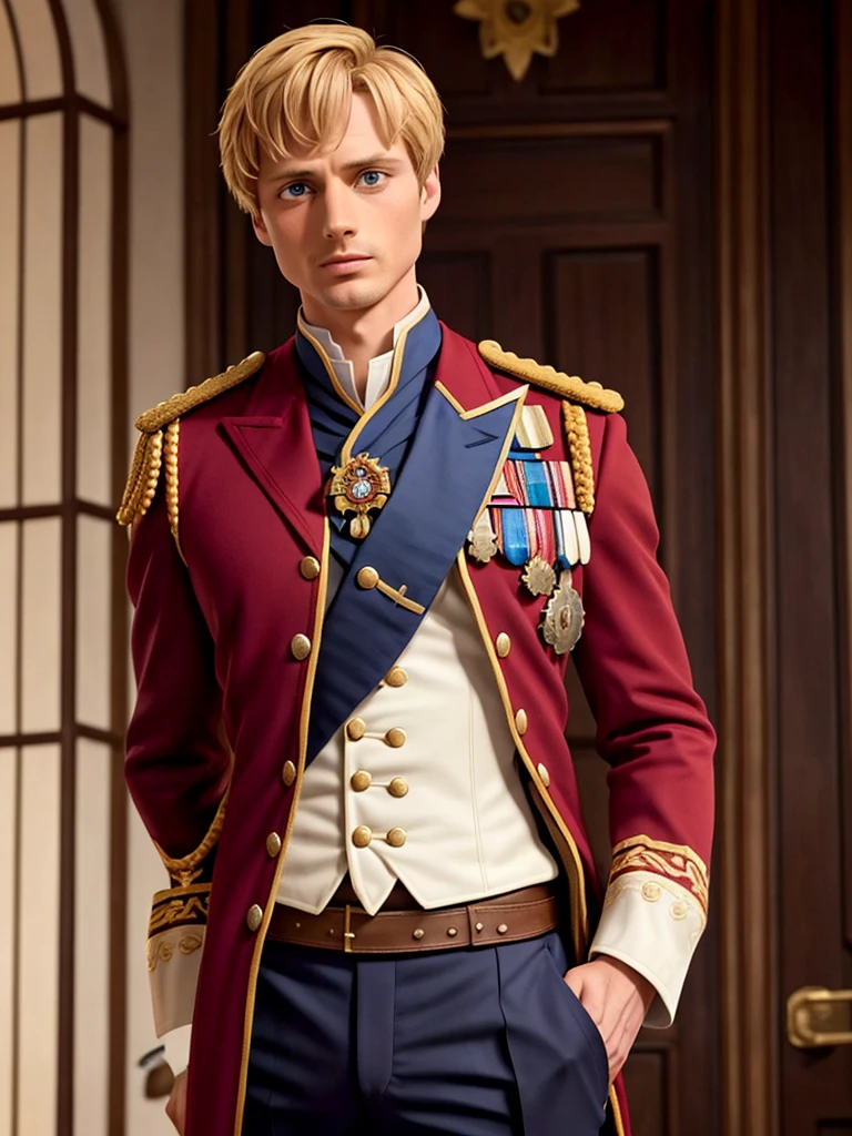 Bradley James handsome Victorian captain. The captain is 55 years old, muscular, blond, dressed in a ceremonial uniform, tight-fitting to his body and showing his muscles, buttoned up with all the buttons. His dreamy gaze is directed into the distance. The fly in the trousers is unbuttoned. Big and thick dick.