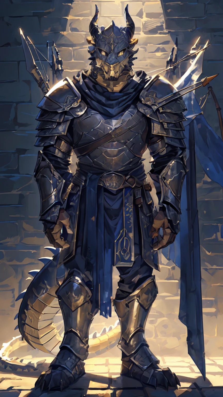 ((middle Ages:1.4,Wall background:1.4)),Royal Family:1.2,((Heavy Crossbowman:1.3)),Sunlight,high resolution,4K,gay,(((whole body:1.1,Strike a pose))),masterpiece,high quality,((dragon)),male,dragonFurry,(ager:1.3),hairy,((brave,peaceful:1.4)),((Hand-held crossbow:1.3)),(((Lean:1.4,Long legs:1.3,Thick dragon tail:1.2))),(((Gray head:1.2,Golden pupils:1.2,Yellow neck:1.3,Gray Hands:1.4,muscle:1.3))),(((White Armor:1.3,There is a blue flag on the armor:1.4))),Mature face,Exquisite eyes,Detailed body,Detailed hands,Detailed feet,Kenket's Art