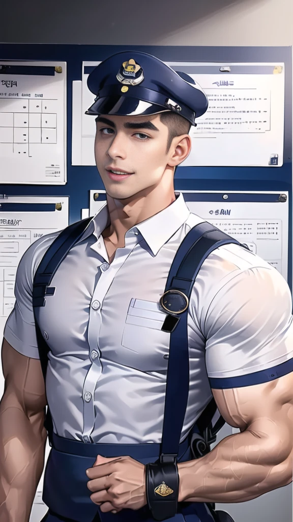handsome man,(crew cut short hair:1.6),black eye,smile,open mouth,
(navy police uniform outsite :1.5),(shirt short sleeves:1.5),collar,(shirt covered over:1.2),(name tag and Police badge:1.3),(shirt no buttons:1.1),(black_gloves:1.3),
(Navy blue cargo:1.2),Korean guy,korean men,(High gloss details),(chest muscles:1.2),(large arm muscles:1.2),blood vessel,Big muscles,Broad shoulders,looking at the audience,Balancing the eyes,middle of the road,,(backpack:1.3)
(in office:1.5),