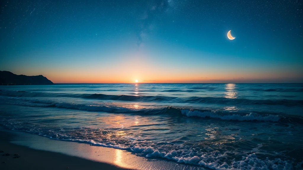 Ocean、Big full moon、night、Peaceful、Healing、8K、Starry Sky、Cinematic、Tranquility、mysterious、Big moon、A starry sky, a big moon、
