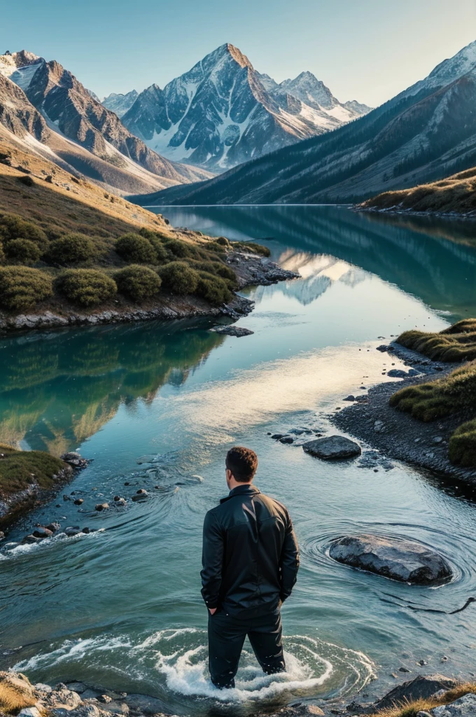 ((best quality)), ((masterpiece)), (detailed), A men between mountains