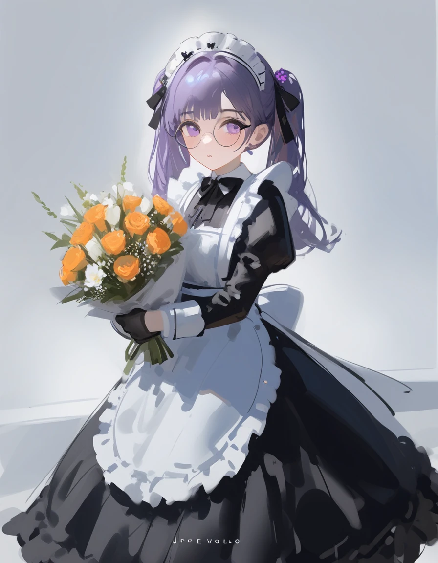 Ciloranko, wlop, 1girl, 独奏, flower, bouquet, purple eyes, maid headdress, looking at viewer, maid, apron, full body, twintails, holding, white background, long sleeves, holding bouquet, dress, bow, juliet sleeves, puffy sleeves, blush, simple background, parted lips, frills, ribbon, two side up, hair bow, maid apron one girl, super high quality, Super Detail, Super Detailed image, long hair, looking at viewer, skirt, shirt, hair ornament, violet eyes, gloves, round glasses, long sleeves,violet hair, round glasses
