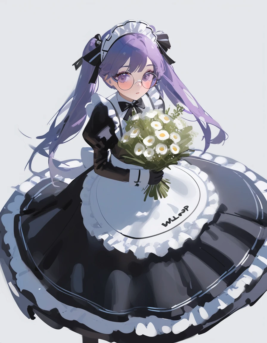 Ciloranko, wlop, 1girl, 独奏, flower, bouquet, purple eyes, maid headdress, looking at viewer, maid, apron, full body, twintails, holding, white background, long sleeves, holding bouquet, dress, bow, juliet sleeves, puffy sleeves, blush, simple background, parted lips, frills, ribbon, two side up, hair bow, maid apron one girl, super high quality, Super Detail, Super Detailed image, long hair, looking at viewer, skirt, shirt, hair ornament, violet eyes, gloves, round glasses, long sleeves,violet hair, round glasses