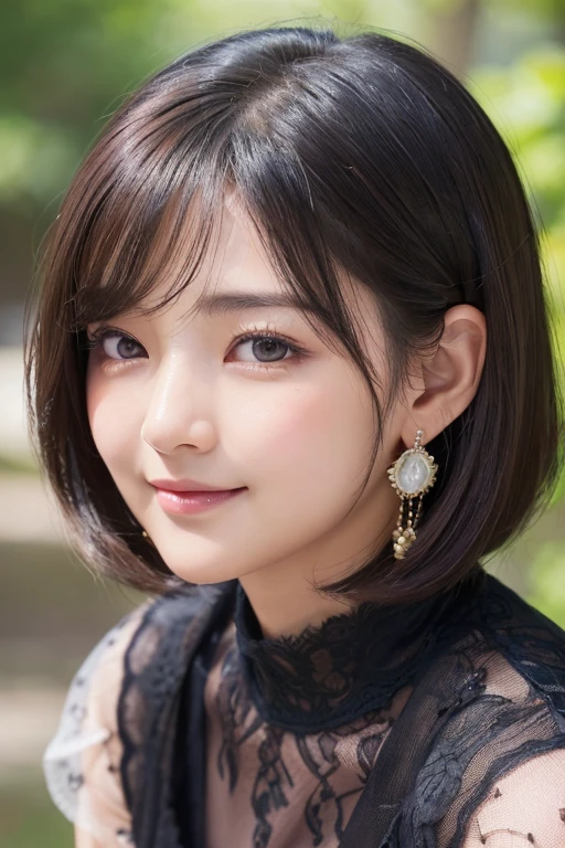 ((High resolution))、A small, beautiful woman with a round face, drawn in great detail、(Looks like Ayase Haruka:1.6)、((Plump Cheeks、Rounded chin、Large, wide, almond-shaped double eyelids:1.6、Sparkling Eyes、A small, neat nose、Small lips with softly curved smiling corners、Naturally arched, slightly thin eyebrows))、Clear and bright skin、Large earrings:1.6、Healthy shine、(Short or bob hairstyles with soft, natural volume)、((Natural light、Studio-quality lighting、Blur the background to make the subject stand out、Extremely fine details and realistic textures))、((Bewitching Charm:1.8、Reddish lips:1.3、A little dark eye makeup:1.7、Glamorous Dress、Slightly tousled hair))