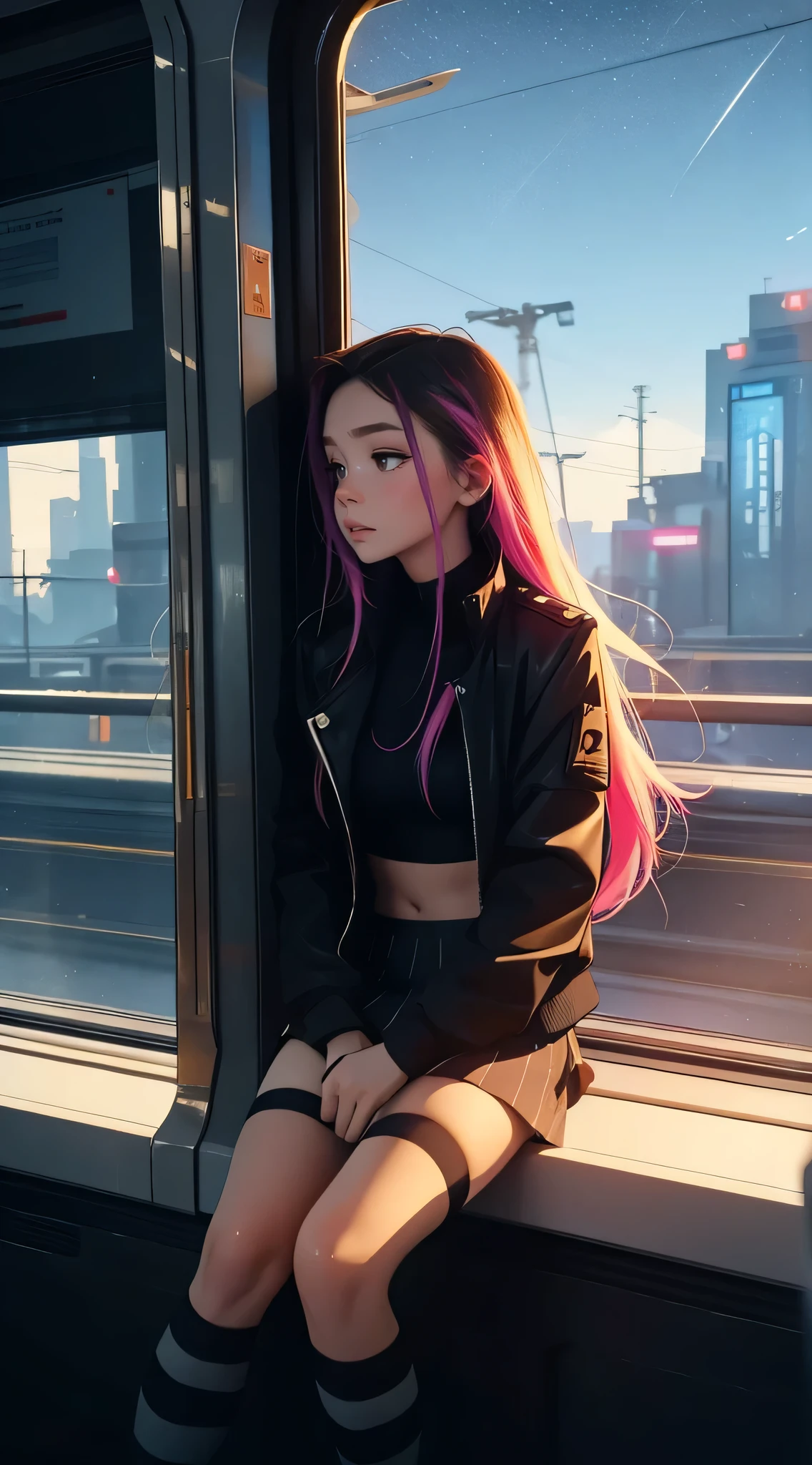 train du futur, cyberpunk, sitting by the window, pose pensives, Looking dreamily off in the distance,
Landscape passing by at high speed, voyage de nuit, beautiful starry sky, Une belle fille avec,
UHD Portrait, (High quality) (ultra details) Spectator in tenue de ville hip-hop style. open jacket, crop top, short skirt, over the knee socks, striped; different, colourfull, colored long hair 🌈
Back light. light through hair, low key lighting, deep shadows, dark scene. spotlight on face