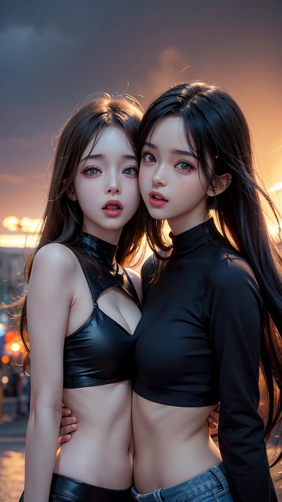 cute anime girls hugging, tongues out, midriff, looking up, detailed facial features, beautiful eyes and lips, 3D render, highly detailed, photorealistic, masterpiece, vibrant colors, cinematic lighting, dramatic pose, dynamic composition