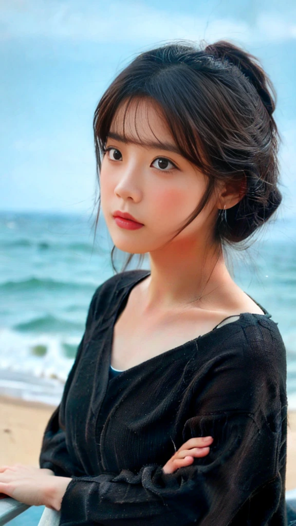 A girl with a slightly sad expression looking at the sea in a realistic 4K image.