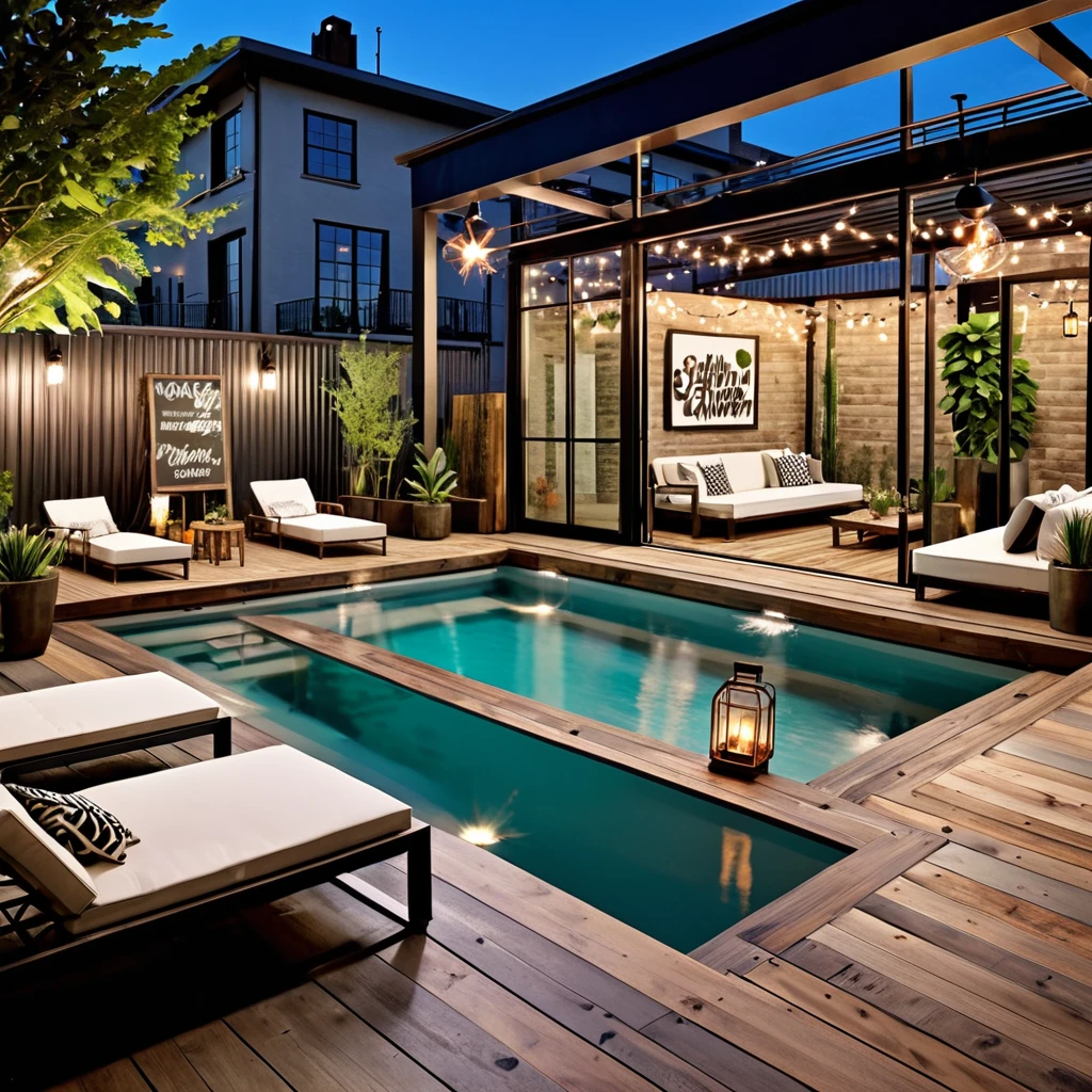 Design an industrial chic outdoor space with a stylish swimming pool. The setting should include a container bar with a rustic, industrial design. Add string lights for ambient lighting, modern furniture with sleek lines for seating and dining, and various potted plants around the pool area. The pool should have clear water with industrial-style lighting, and the overall atmosphere should blend modern elegance with a rugged, industrial aesthetic.