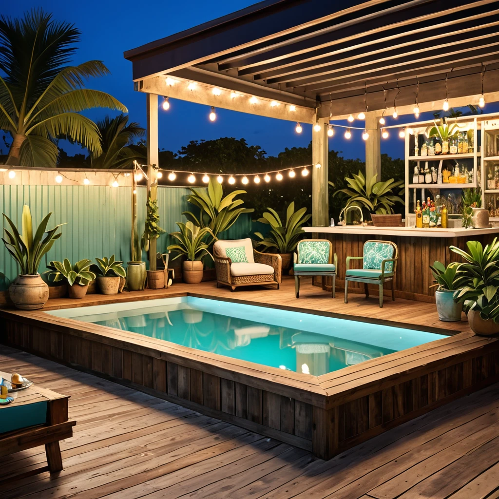 Generate a vintage beach bar-style outdoor space featuring a unique swimming pool. The setting should include a container bar with a retro design. Decorate with string lights for a nostalgic charm, vintage-style furniture for seating and dining, and tropical plants around the pool area. The pool should have clear, reflective water with subtle lighting, and the overall atmosphere should be a mix of vintage charm and beachside relaxation.