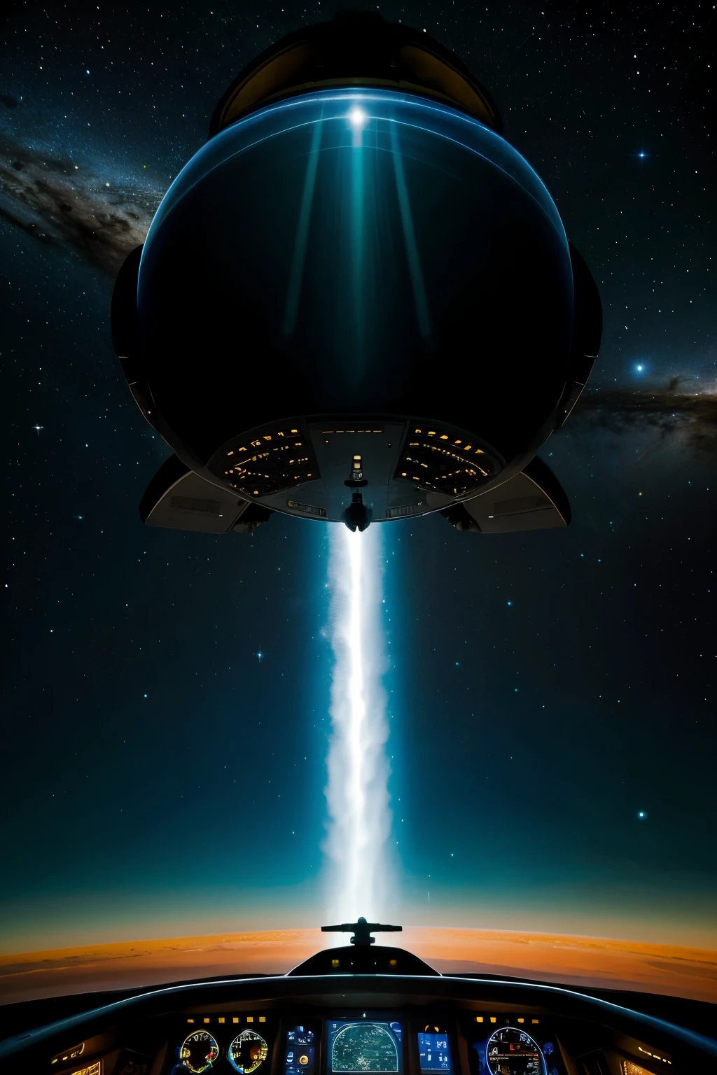 ((best quality)), ((masterpiece)), (Detailed), alien spaceship pilots sitting in cockpit, in space, planets around, aliens