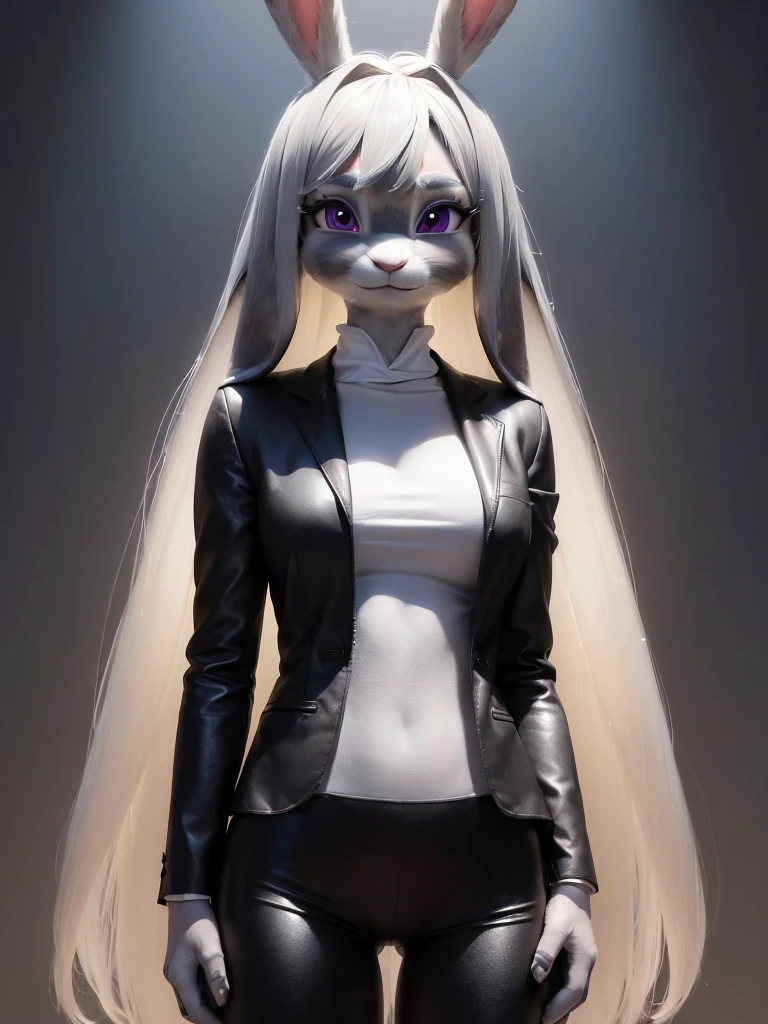 best quality,
masterpiece,
hyper Realistic,
ultra-detailed,
beautiful detailed,
4K,8K,High level,
PIXAR,
Photo real,
medium shot,
Looking at the audience upside,
background in bloom office,
Realistic lighting,
((anthropomorphic rabbit)),
detailed animals,
Complex patterns,
(furry:1.35),
(Whole skin is gray:1.35),
(body is fluffy and bushy:1.35),
Realistic fur,
((human hands)),
(Face is JudyHopps:1.35),
((medium straight hair))
((sidepart bangs)), bangs,
purple eyes,
{highlight on eyes, crisp eyes, sparkle in the eyes, round big pupils},
detailed iris,
(rised eyebrows:1.2),
(Crescent Brows:1.3),
(rabbit ears:1.1),
Smile,
Big Smile,
Innocent smile,
raised corners of mouth,
office lady is wearing suit,
((White blouse)) BREAK ((Black blazer)) BREAK ((Black pants)),
clothes made of wool,
(solo:1.5),
(1 lady:1.5),
one character only
alone,
Perfect Anatomy,
highlight,
sunlight,
daylight,
intricate details,
ray tracing,
photorealistic,
lighter shadows,