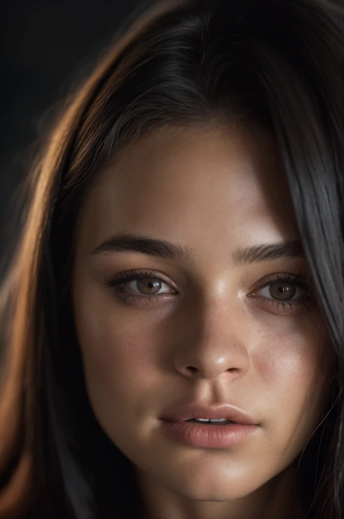 (close-up, editorial photograph of a 21 year old woman), (highly detailed face:1.4) (smile:0.7) (background inside dark, moody, private study:1.3) POV, by lee jeffries, nikon d850, film stock photograph ,4 kodak portra 400 ,camera f1.6 lens ,rich colors ,hyper realistic ,lifelike texture, dramatic lighting , cinestill 800,