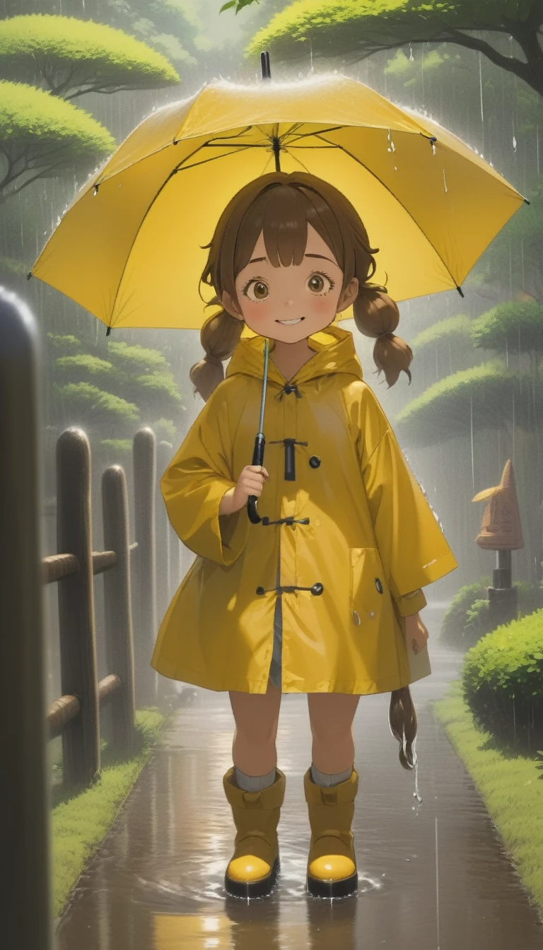 quality\(8K,非常に精細なCGユニットのwallpaper, masterpiece,High resolution,top-quality,top-quality real texture skin,Surreal,Increase the resolution,RAW Photos,最高quality,Very detailed,wallpaper\),BREAK、Respect for My Neighbor Totoro、One Girl、5talent、Little Girl、Innocent and cute face、smile、Brown Hair、Pigtails、Wet day、Yellow Raincoat、Put on the hood of your raincoat、Yellow Boots、Wet girl playing with an umbrella、get exited、長靴でpuddleの水をスパークさせている、BREAK、Very detailed umbrella、A physically correct umbrella、Straight rod with U-shaped handle、Umbrella、BREAK、Old shrine、Large camphor tree、Old Japanese bus stop、puddle、Splish splash, splash, splash, splash、