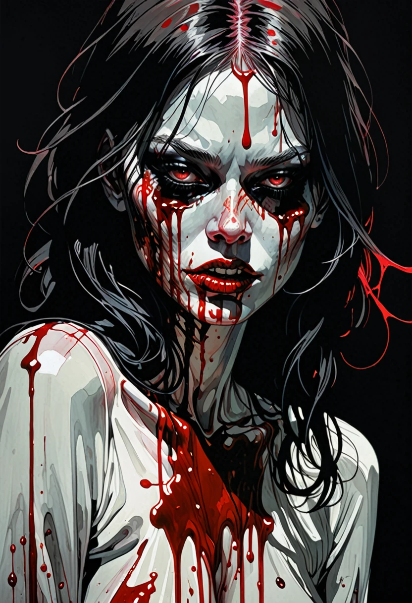 a close up of a person with a bloody face on a black background, jamie hewlett art, pale woman covered with blood, satanic body, inspired by Jeffrey Catherine Jones, ( ( ( horror art ) ) ), monochrome and red color bleed, demon girl, inspired by Tomer Hanuka, demon woman, high contrast illustration, dark high-contrast concept art