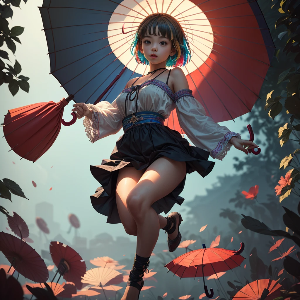 Full body portrait、(Girl floating in the air with a big colorful umbrella:1.9)、Low angle view、Blue sky background、(Highest quality、4K、8K、High resolution、masterpiece:1.2)、Super detailed、(Real、Photorealistic、Photorealistic:1.37)、(Anatomically correct body structure:1.9)、Fantasy、magical realism、dream-like、Whimsical、Bright colors、Dramatic lighting、Soft Focus、Cinematic、Intricate details、A wonderful composition