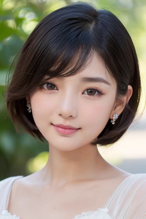 ((High resolution))、A small, beautiful woman with a round face, drawn in great detail、(Looks like Ayase Haruka:1.6)、((Plump Cheeks、Rounded chin、Large, wide, almond-shaped double eyelids:1.6、Sparkling Eyes、A small, neat nose、Small lips with softly curved smiling corners、Naturally arched, slightly thin eyebrows))、Clear and bright skin、Large earrings:1.6、Healthy shine、(Short or bob hairstyles with soft, natural volume)、((Natural light、Studio-quality lighting、Blur the background to make the subject stand out、Extremely fine details and realistic textures))、((Bewitching Charm:1.8、Reddish lips:1.3、A little dark eye makeup:1.7、Glamorous Dress、Slightly tousled hair))