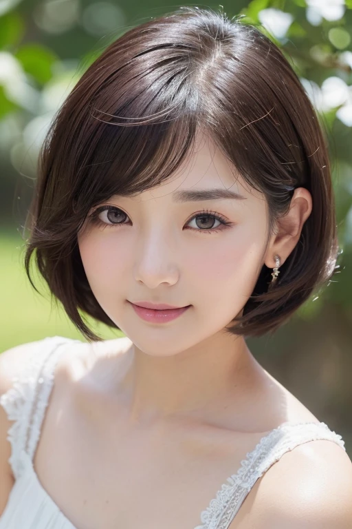 ((High resolution))、A small, beautiful woman with a round face, drawn in great detail、(Looks like Ayase Haruka:1.6)、((Plump Cheeks、Rounded chin、Large, wide, almond-shaped double eyelids:1.6、Sparkling Eyes、A small, neat nose、Small lips with softly curved smiling corners、Naturally arched, slightly thin eyebrows))、Clear and bright skin、Large earrings:1.6、Healthy shine、(Short or bob hairstyles with soft, natural volume)、((Natural light、Studio-quality lighting、Blur the background to make the subject stand out、Extremely fine details and realistic textures))、((Bewitching Charm:1.8、Reddish lips:1.3、A little dark eye makeup:1.7、Glamorous Dress、Slightly tousled hair))