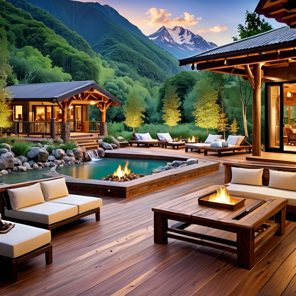 Create a luxurious lodge-style outdoor space with a breathtaking mountain view. The setting should include a wooden deck with comfortable seating featuring plush cushions and rustic wooden tables. Add a mix of natural and warm lighting to enhance the cozy atmosphere. Surround the area with lush greenery and a flowing river to complete the serene, high-end lodge experience. The overall design should exude warmth and comfort, perfect for relaxation and enjoying nature.
