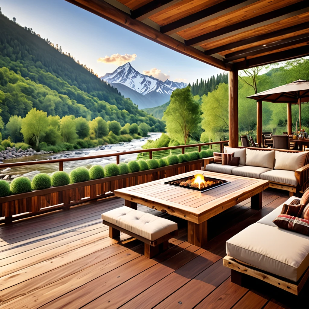 Create a luxurious lodge-style outdoor space with a breathtaking mountain view. The setting should include a wooden deck with comfortable seating featuring plush cushions and rustic wooden tables. Add a mix of natural and warm lighting to enhance the cozy atmosphere. Surround the area with lush greenery and a flowing river to complete the serene, high-end lodge experience. The overall design should exude warmth and comfort, perfect for relaxation and enjoying nature.