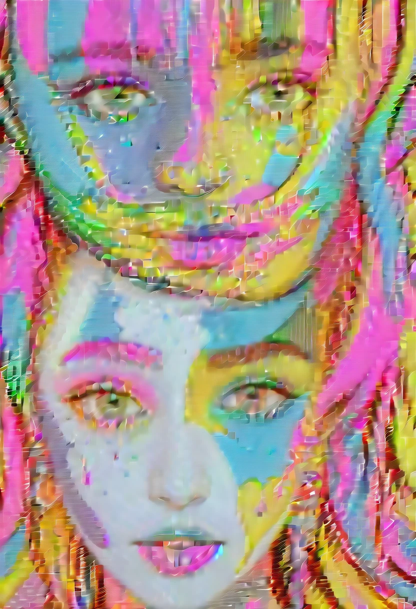 a painting of a woman with a colorful face and a necklace, pop art painting, a pop art painting, toyism, dripping with color, acrylic on canvas, acrylic paint on canvas, colorful art, acrylic and spraypaint, colorfull painting, avant garde pop art, abstract portrait, abstract face, painting by android jones, pop art masterpiece, pop and vibrant colors