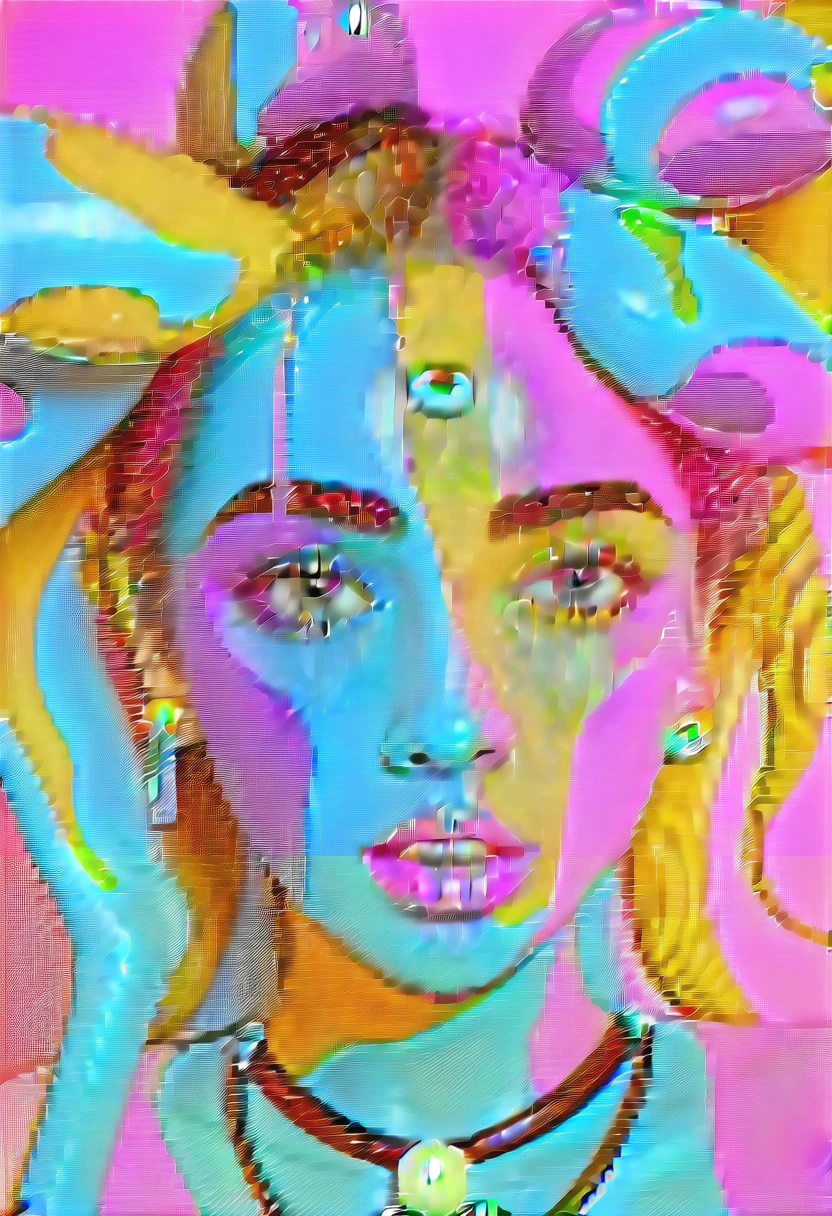 a painting of a woman with a colorful face and a necklace, a pop art painting by Benjamin Marra, cg society contest winner, toyism, pop art painting, dripping with color, acrylic on canvas, acrylic paint on canvas, colorful art, acrylic and spraypaint, colorfull painting, avant garde pop art, abstract portrait, abstract face, pop art masterpiece