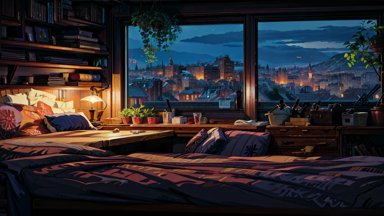 a bedroom with a view of a city at night, cozy room, cute room, cozy atmospheric, city apartment cozy calm, photorealistic room, cozy environment, cozy atmosphere, cozy home background, cozy wallpaper, inside a cozy apartment, cozy place, small and cosy student bedroom, cozy night fireflies, cyberpunk teenager bedroom, dream atmosphere, cozy lights, 4k hd,, beautiful art uhd 4 k, a beautiful artwork illustration, beautiful digital painting, highly detailed digital painting, beautiful digital artwork, detailed painting 4 k, very detailed digital painting, rich picturesque colors, gorgeous digital painting 
