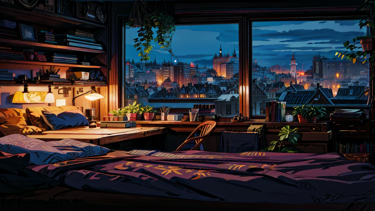 a bedroom with a view of a city at night, cozy room, cute room, cozy atmospheric, city apartment cozy calm, photorealistic room, cozy environment, cozy atmosphere, cozy home background, cozy wallpaper, inside a cozy apartment, cozy place, small and cosy student bedroom, cozy night fireflies, cyberpunk teenager bedroom, dream atmosphere, cozy lights, 4k hd,, beautiful art uhd 4 k, a beautiful artwork illustration, beautiful digital painting, highly detailed digital painting, beautiful digital artwork, detailed painting 4 k, very detailed digital painting, rich picturesque colors, gorgeous digital painting 