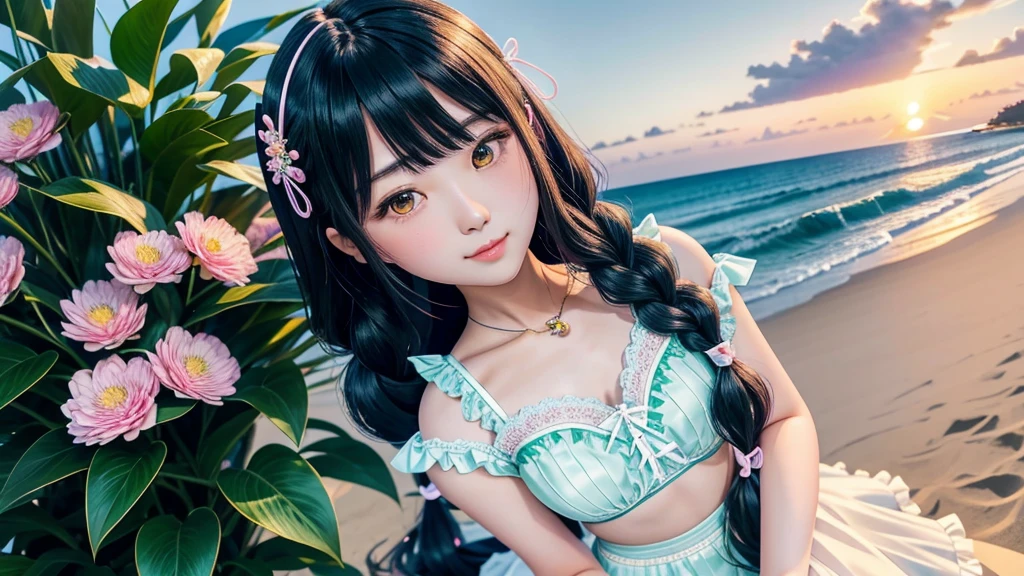 Japanese anime character style、A beautiful, voluptuous and stunning girl, 18-year-old, A gentle smile with eyes looking up, Black Messy Fishtail Braid, (Exquisite porcelain doll,Lace-like underwear with lots of frills and ribbons), Sunset and starry sky beachside、colorful bright flowers、Bright green houseplant、Neon colored spotlights、Photo session, (Close-up from chest up), Captivating look, View your viewers